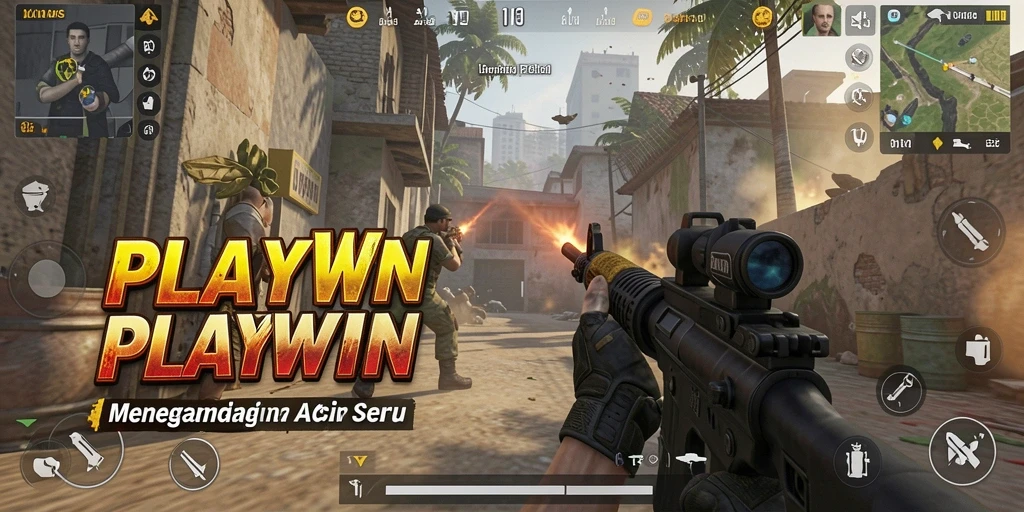 Screenshot utama PLAYWIN menampilkan aksi mendebarkan dari gameplay FPS.