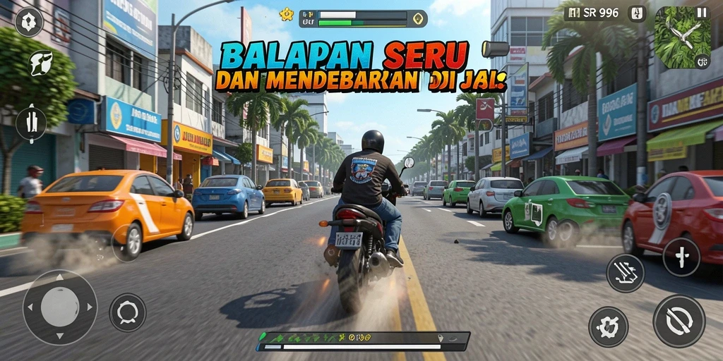 Screenshot gameplay SR996 menampilkan aksi balapan yang intens dan mendebarkan.